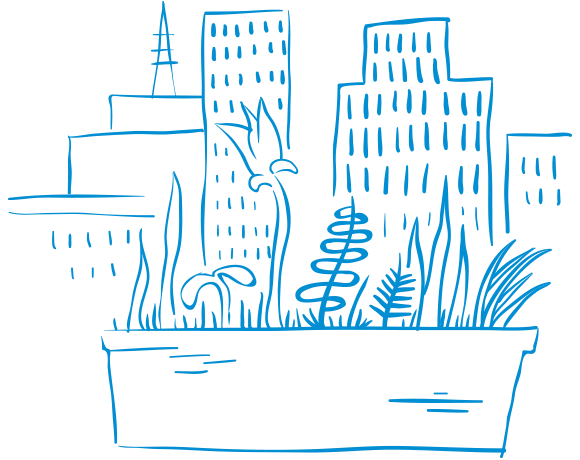 drawing of small garden with city